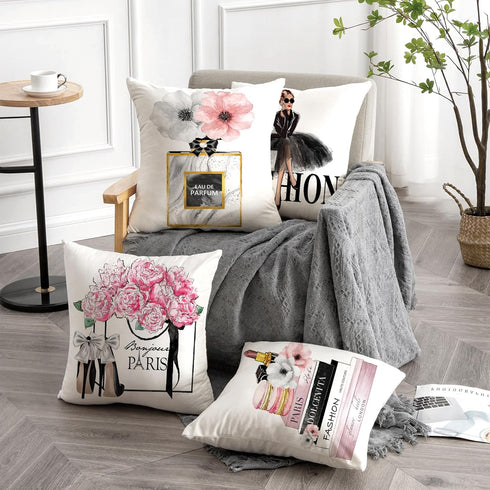 Set of 4 Pink Throw Pillow Covers 18x18 Fashion Cute Decorative Pillow Covers Bed Sofa Couch Pillow Covers Pink Flower Gold Perfume Lipstick Paris...