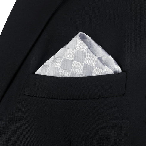S&W SHLAX&WING Mens Pocket Square Satin Light Grey Silver Off White Checkered Rhomibic for Suit Jacket...