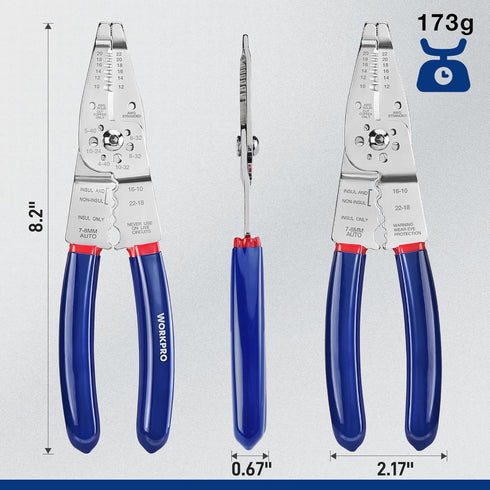 WORKPRO Wire Strippers Cutter, 8-inch Long Nose Wire Stripping Tool, Stainless Steel Wire Crimping Tools & Pliers, Multi-Function Hand Tool, Cuts ...