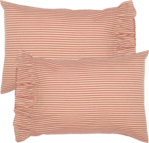 VHC Brands Sawyer Mill Ticking Striped Cotton Farmhouse Standard Bedding Accessory, Pillowcase Set 21x30, Red Country...
