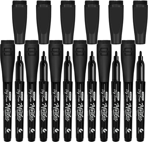 Scribbledo 12 Pack Magnetic Dry Erase Markers Black Fine Tip Whiteboard Markers with Eraser Cap Thin Low Odor Skinny White Board Markers for Adult...