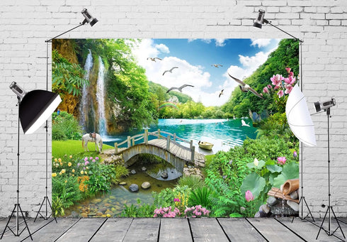 BELECO Picturesque Garden Background Fabric 5x3ft Outdoor Tropical Landscape Mountain Trees Waterfall Lake Birds White Horse and Wooden Bridge Sce...