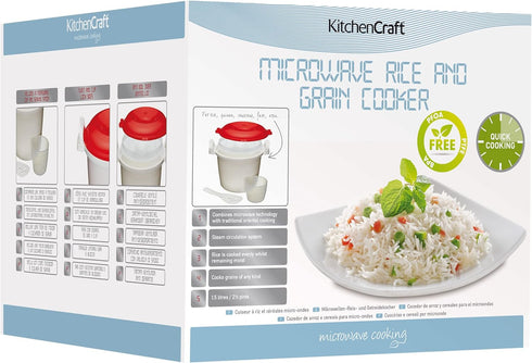 KitchenCraft Rice Cooker - Microwave Steamer, BPA Free Plastic, 1.5 Litre, White/Red...
