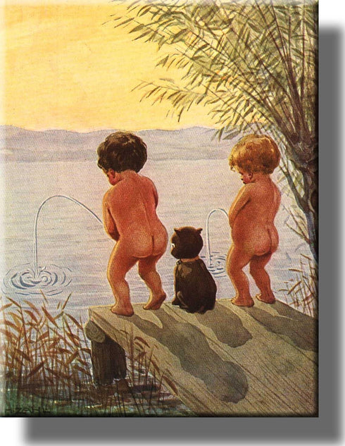 Boys By the Lake Distance Record Toilet Bathroom Picture Made on Stretched Canvas, Wall Art Decor Ready to Hang....