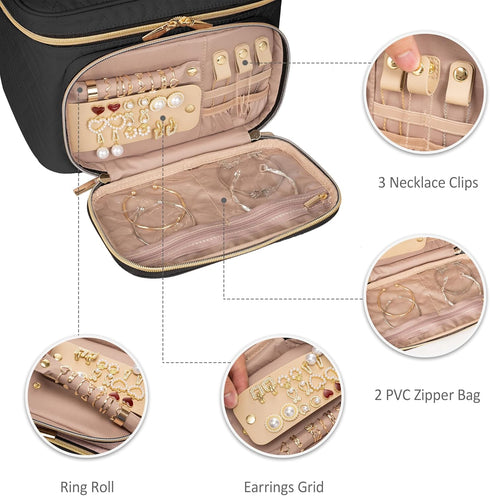 Travel Cosmetic Organizer Bag - Large Makeup Case with Jewelry Storage, Waterproof Toiletry Box for Cosmetics, Brushes, and Tools, Black...