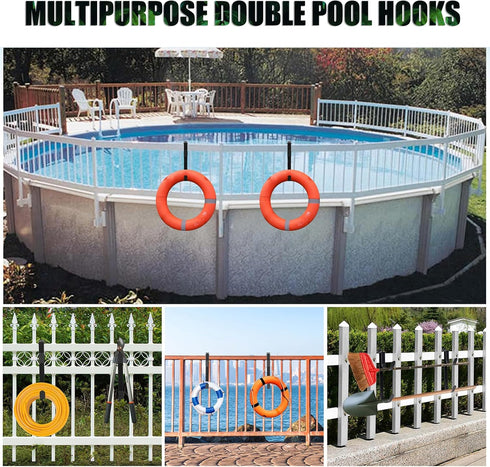 2Pack Double Pool Pole Hooks, Adjustable Pool Fence Hooks for Pool Equipment, Metal Vinyl Fence Hooks for Pool Skimmer Net Pole Hose Garden Tools...