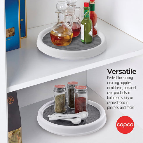 Copco 9 Inch Non Skid Pantry Cabinet Lazy Susan Turntable, Set of 2, Spinning Organizer for Kitchen, Countertop, or Bathroom, White and Gray...