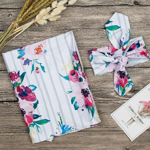 Newborn Girls Receiving Blanket Headband Set Flower Baby Swaddle Blankets Infant Warm … (0-6 Months, Striped)...