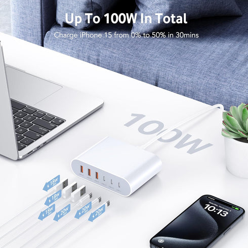 100W USB C Fast Charger Block Compact GaN 6 Port PD USB C and QC USB A Wall Charger Type C Charging Station Hub Adapter Plug Cube Brick for iPhone...