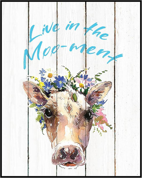 Posterizer 1 pcs-Live in the moment-cute cow poster-Comedy Art-Art for Animal Lovers-Gift for Daughter, Son, Kids-decor for Girls, Teens Bedroom- ...