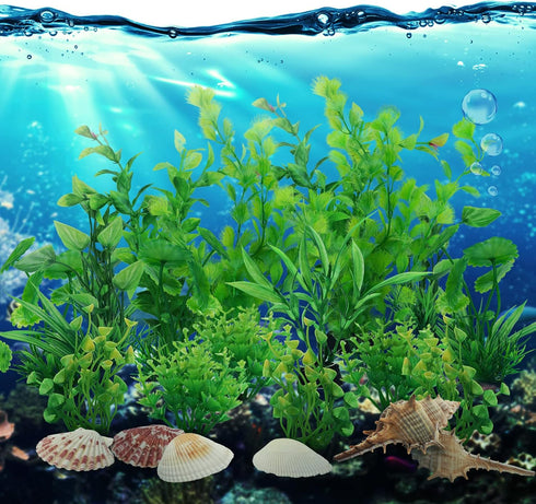 Aquarium Decorations Plants, 25pcs Aquarium Decor Green Plants with Natural Shells, Fish Tank Accessories, Fish Tank Large Plant Plastic Decoratio...