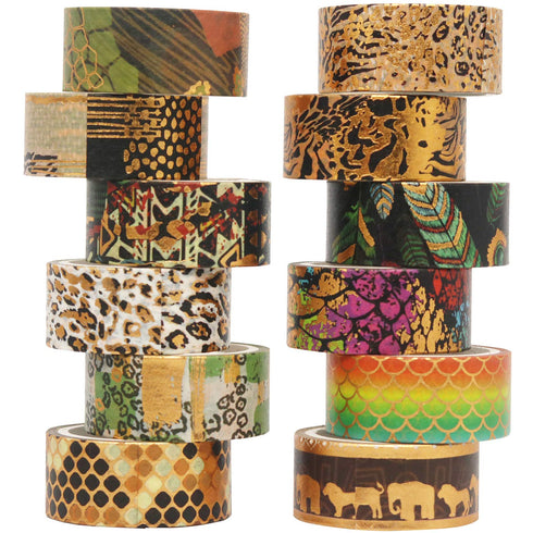 YUBX Wild Animals Washi Tape Set 12 Rolls Gold Foil Print Decorative Masking Tapes for Arts, DIY Crafts, Journals, Planners, Scrapbook, Wrapping (...