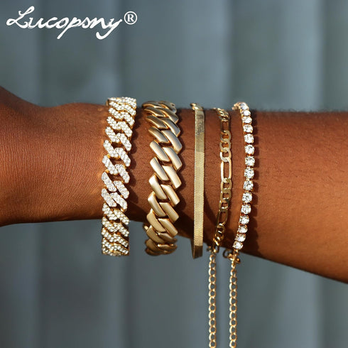 Gold Bracelets for Women, 14K Gold Plated Bracelets Sets for Women, 13mm/14mm Cuban Chain Bracelet Layered Link Chain Bracelets Pack Jewelry Full ...