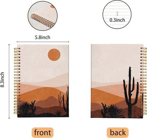 Abstract Boho Desert Sun Cactus Landscape Spiral Notebook Journal 5.5×8.3 Inch,Boho Mid-Century Modern Art Lined Hardcover Spiral Notebook for Wor...