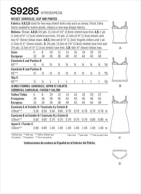 Simplicity Misses' Lace-Trimmed Camisole, Slip, and Underwear Packet, Code 9285 Sewing Pattern, Sizes 6-14, White...