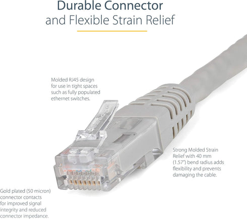 StarTech.com 1ft CAT6 Ethernet Cable - Gray CAT 6 Gigabit Ethernet Wire -650MHz 100W PoE++ RJ45 UTP Molded Category 6 Network/Patch Cord w/Strain ...