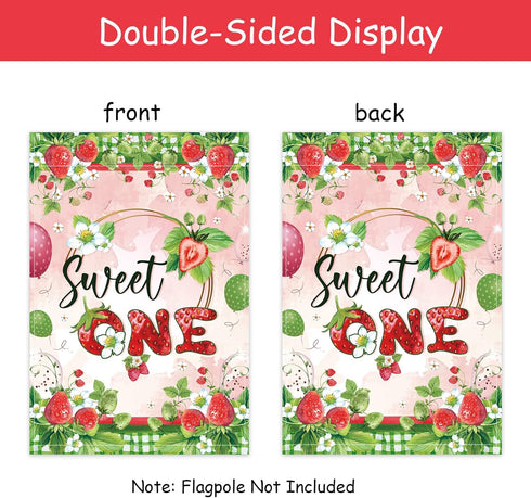 Strawberries Sweet One Garden Flag - Fruit Sweet Summer Yard Flag - First Birthday House Flag Yard Banners - Welcome Summer Strawberry Holiday Por...