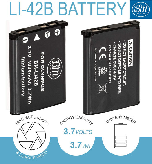 BM Premium 2-Pack of LI-42B Batteries for Olympus Stylus 1040, 1050W, 1060, 1070, 1200, 7000, 7010, 7020, 7030, 7040, Tough 3000, TG-310, TG-320, ...