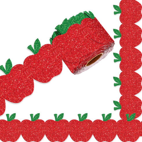 Whaline 65.6Ft Back to School Bulletin Board Border Glitter Red Apple Die Cut Trim Border Roll for First Day of School Home Party Supplies...