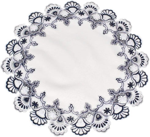 White Navy Blue Jacquard Peacock Tail Lace Doily, Placemat, Table Centerpiece, Table Topper (23 inch Round)...