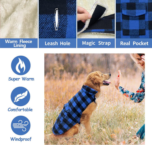 Malier Dog Winter Coat, Classic Plaid Fleece Dog Cold Weather Coats Dog Jacket with Pocket, Windprood Warm Dog Coat Vest Winter Pet Clothes Appare...
