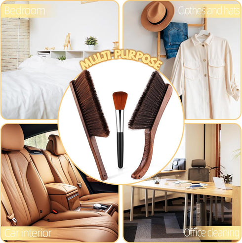 3 Pcs Wooden Hand Broom Set Counter Duster Dusting Bench Brushes Long Soft Bristles Handle Detail Brushes for Fireplace Car Home Bed Sofa Clothes ...