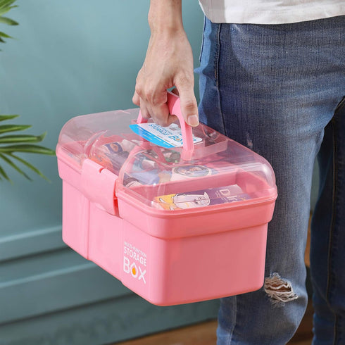 Kinsorcai 11'' Plastic Storage Box with Removable Tray, Multipurpose Organizer and Storage Case for Art Craft and Cosmetic (Pink)...