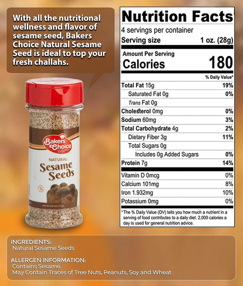 Baker's Choice Whole Natural Sesame Seeds - For Baking And Cooking - All Natural Food Seasoning - Resealable Container - Gluten Free, Kosher - 4 O...