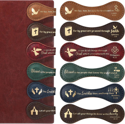 6 Pieces Christian Magnetic Book Markers Leather Magnetic Bible Bookmarks Inspirational PU Leather Magnetic Scripture Bookmarks Religious Book Mar...