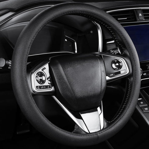Black Leather Steering Wheel Cover?Classic Black?Anti-Slip, Safety, Soft, Breathable, Adaptable to 14.5-15 inches Steering Wheel...
