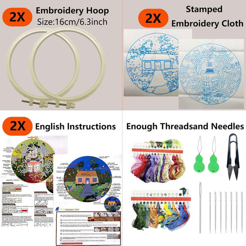 Allazone 2 Sets Embroidery Kit for Beginners, Stitch Practice Kits for Craft Lover Hand Stitch with Embroidery Fabric with Stamped Pattern, Starte...
