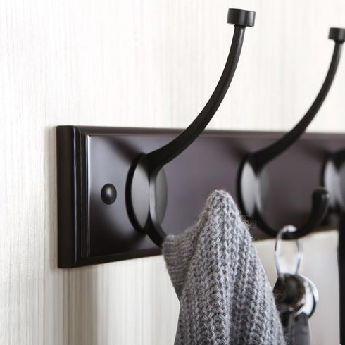 SONGMICS Wooden Wall Mounted Coat Rack 16 Inch Rail with 4 Metal Hooks for Entryway Bathroom Closet Room Dark Brown...