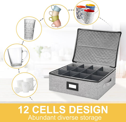 Coffee Mug Storage Box with Dividers, Durable China Storage Containers for Coffee Mugs, Tea Cups Storage Organizer with Lid, Handles, Label Window...