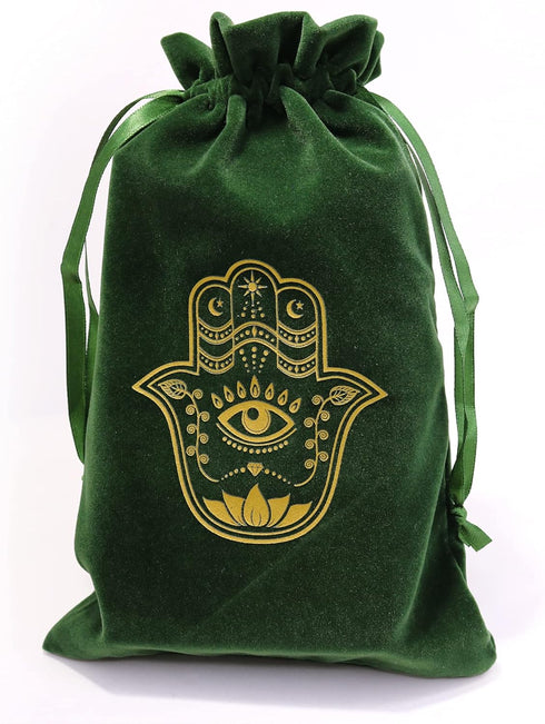 ARTSY CRAFTS 6x9" Hamsa Hand Velvet Jewelry Pouch Gift Bags, Fatima Hand Evil Eye Velvet Drawstring Oracle Tarot Card Rune bags Dice Bag (Moss Gre...
