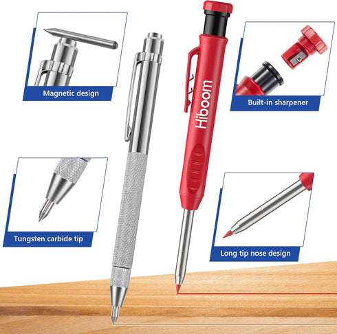 Hiboom 2 Pack Carpenters Pencil with 12 Refills and 2 Pack Tungsten Carbide Scriber with Extra 12 Replacement Marking Tip, Carpenter Woodworking A...