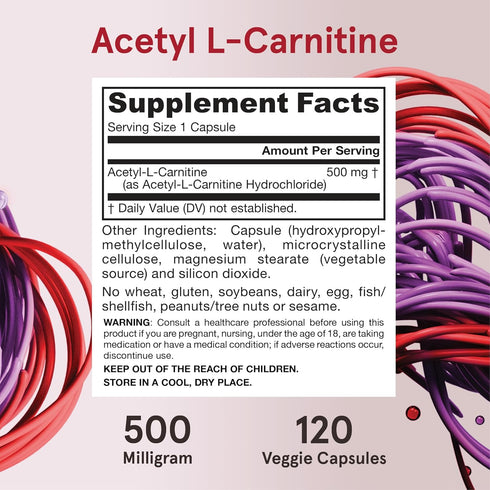 Jarrow Formulas Acetyl L-Carnitine 500 mg, Dietary Supplement, Amino Acid Support for Brain Health and Antioxidants, 120 Veggie Capsules, 120 Day ...