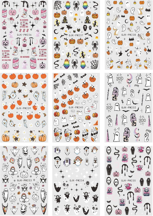 JMEOWIO 9 Sheets Halloween Nail Art Stickers Decals Self-Adhesive Bat Ghost Nail Supplies Nail Art Design Decoration Accessories...
