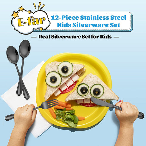 12-Piece Black Kids Silverware, E-far Stainless Steel Toddler Kids Utensils Safe for Preschooler/Children, Includes 4 Forks 4 Spoons 4 Knife, Slim...