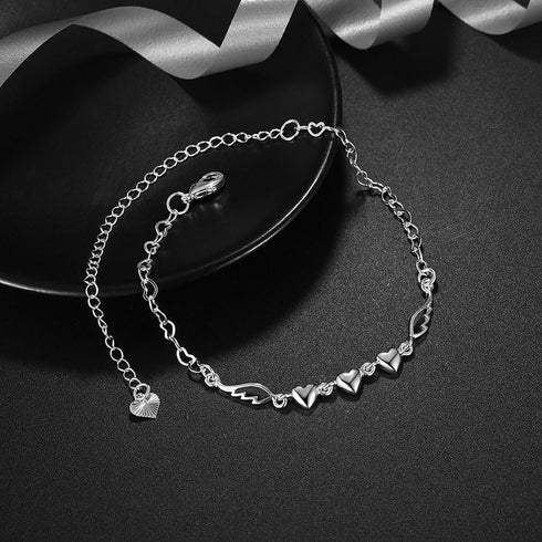 Fashion Jewelry 925 Sterling Silver Love Heart Angel Wings Chain Anklet...