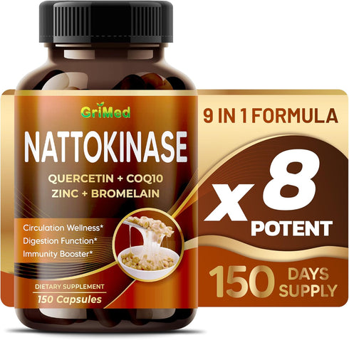 Nattokinase 8,800mg X8 Power with Quercetin, CoQ10, Zinc, Bromelain for Digestion Function, Immunity Booster, Overall Well-Being - USA made & test...