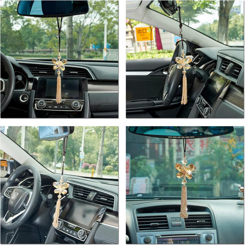 Crystal Butterfly Car Rear View Mirror Accessories Lucky Car Hanging Ornament (Champagne)...