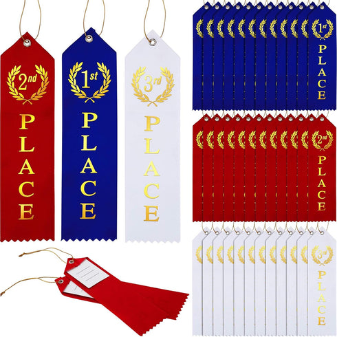45 Pieces Award Ribbons 1st, 2nd, 3rd Place Flat Carded Set First Place Prizes with Event Card and Rope for Competition, Sports Event, School, Con...