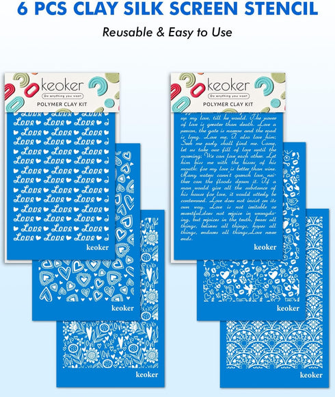 KEOKER Valentines Silk Screen for Polymer Clay, 3PCS Valentine Silk Screen Polymer Clay, Valentines Day Silk Screen Stencils for Polymer Clay, Hea...