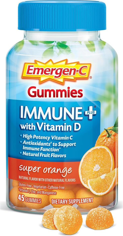 Emergen-C Immune+ Immune Gummies, Vitamin D plus 750 mg Vitamin C, Immune Support Dietary Supplement, Caffeine Free, Gluten Free, Super Orange Fla...
