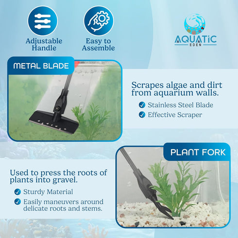 Aquarium Cleaning Tools 7 in 1 - Fish Tank Cleaning Kit with Algae Scraper, Scrubber Pad, Adjustable Telescopic Long Handle, Fish Net, Gravel Rake...
