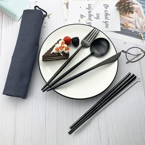 JASHII Portable Utensils, Travel Camping Cutlery Set, 7-Piece 304 Stainless Steel Flatware set including Knife Fork Spoon Chopsticks Cleaning Brus...