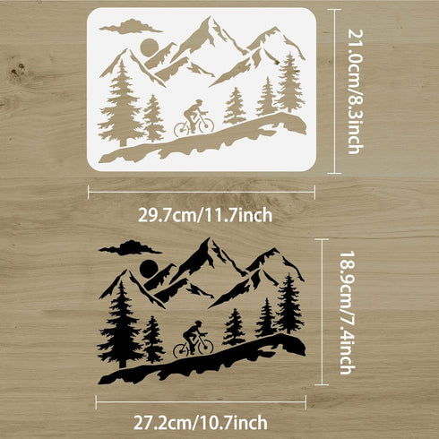 FINGERINSPIRE Mountain Tree and Cyclist Stencil 8.3x11.7inch Reusable Mountaineering Bikers Drawing Stencil Sunrise Painting Template Sports Theme...