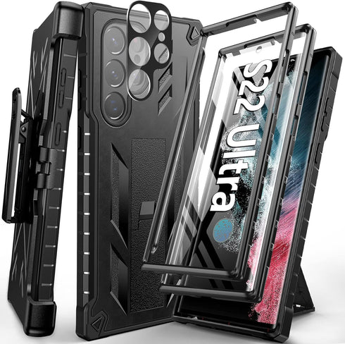 FNTCASE for Samsung Galaxy S22 Ultra Case: Built-in Screen Protector & Kickstand & Belt-Clip Holster, Extra Front Frame Full-Body Dual Layer Rugge...