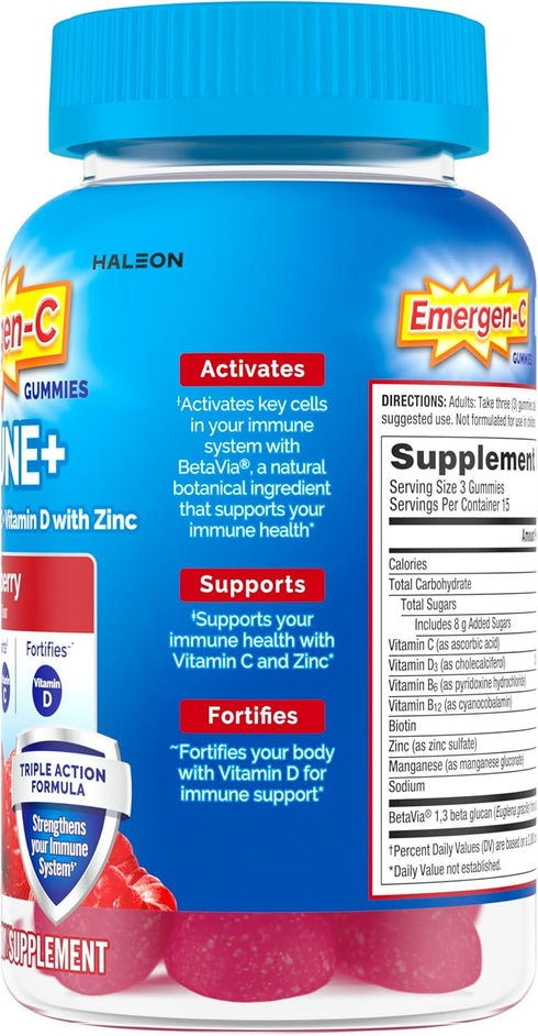 Emergen-C Immune+ Immune Gummies, Vitamin D Plus 750 mg Vitamin C, Immune Support Dietary Supplement, Caffeine Free, Gluten Free, Raspberry Flavor...