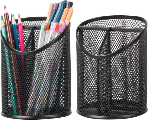 2 Pack Pen Holder Pen Organizer for Desk Mesh Round Pencil Holder Desktop Organizer 3 Compartments Pencil Organizer Desk Organizer for Office Home...